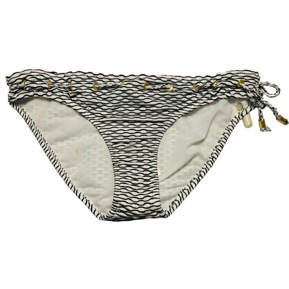 Jessica Simpson Black Wavy Line Bikini Bottom Sz M Drawstring Side Tie Flaw NEW - Picture 1 of 6